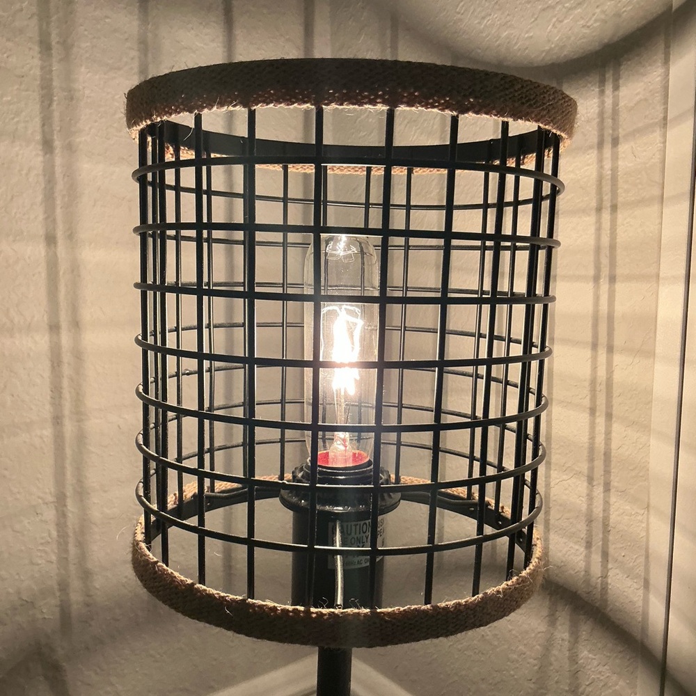 Farmhouse 20"H Black & Brown Metal and Burlap Cage Table Lamp - Picture 7 of 14